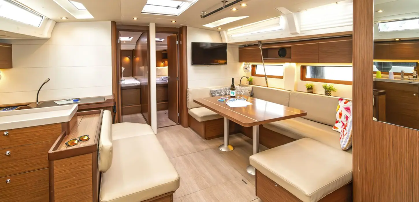Beneteau Oceanis 51.1 saloon viewed from companionway, big dining table, forward cabin doors open, airy and inviting for Epic Voyage.