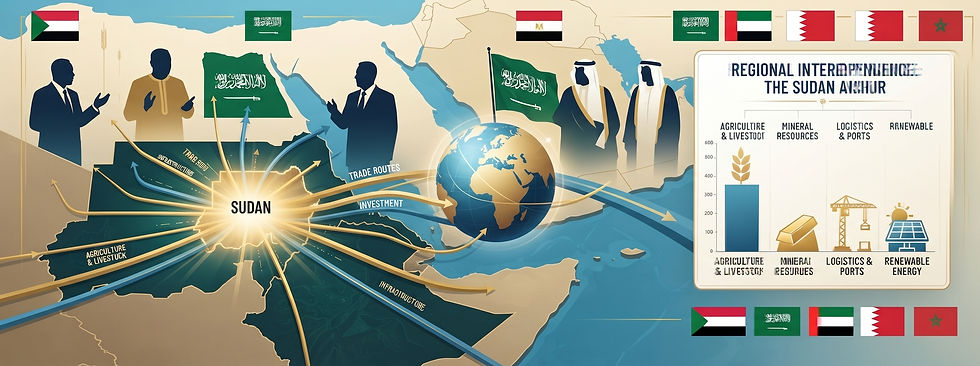 Regional economic partnership map showing Sudan as a central anchor for trade, investment, and infrastructure, connecting the Horn of Africa and the Middle East with flags of Sudan, Saudi Arabia, UAE, Bahrain, and Morocco.