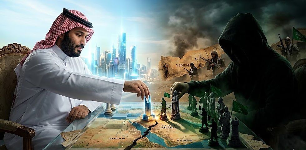 Saudi Crown Prince Mohammed bin Salman (MBS) plays chess against a hooded figure representing political Islam on a map of the Middle East including Saudi Arabia, Yemen, and Sudan. MBS uses pieces resembling Neom skyscrapers, while the opponent uses armed figures. The background is split between a bright futuristic city and a dark war zone