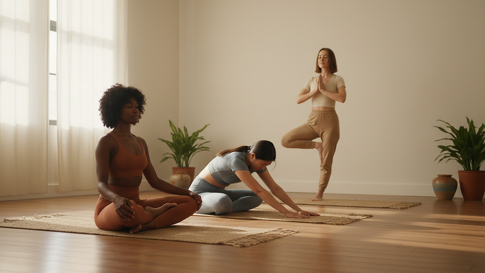Eye-level view of a woman practicing yoga in a sunlit room