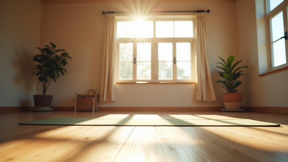 Eye-level view of a peaceful yoga studio with natural light