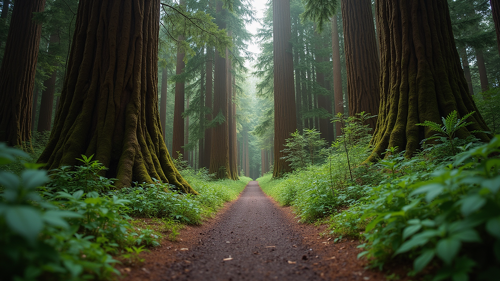 Eye-level view of a peaceful forest trail in Oregon