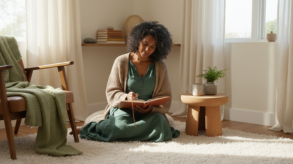 Eye-level view of a calm woman journaling in a cozy room
