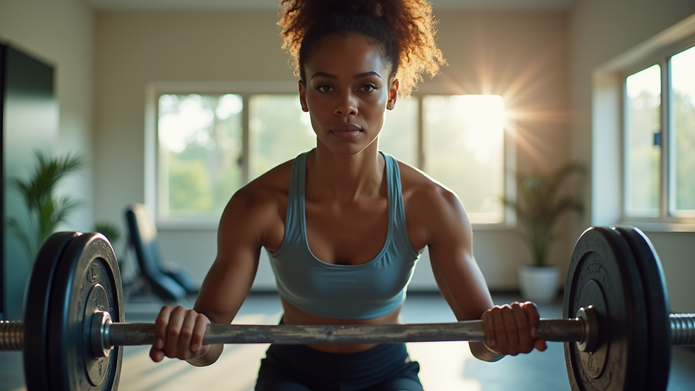 Eye-level view of an African American woman lifting light weights in a bright home gym