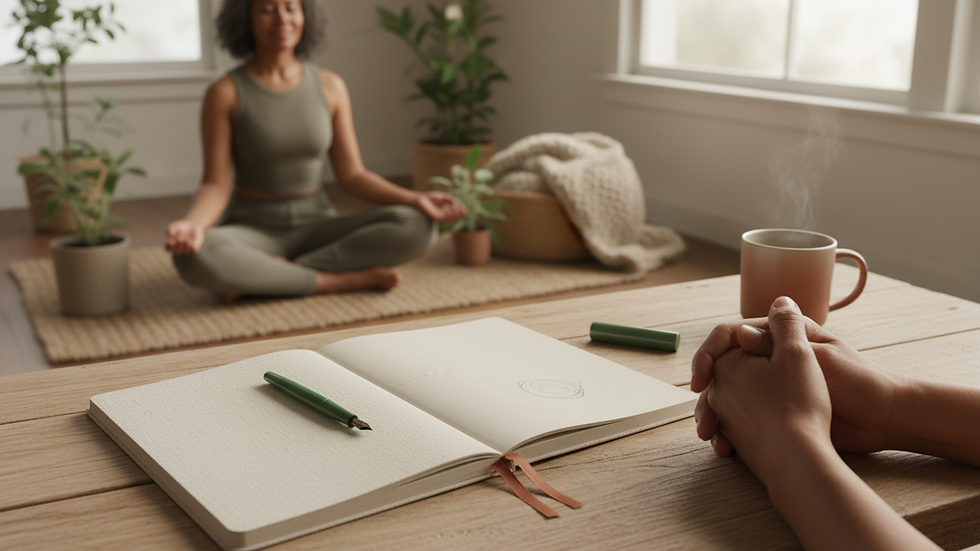 Close-up view of a notebook and pen on a wooden table, symbolizing planning and reflection