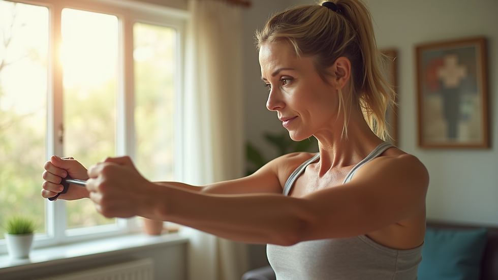 Close-up of a midlife woman performing resistance band exercises in a sunny living room