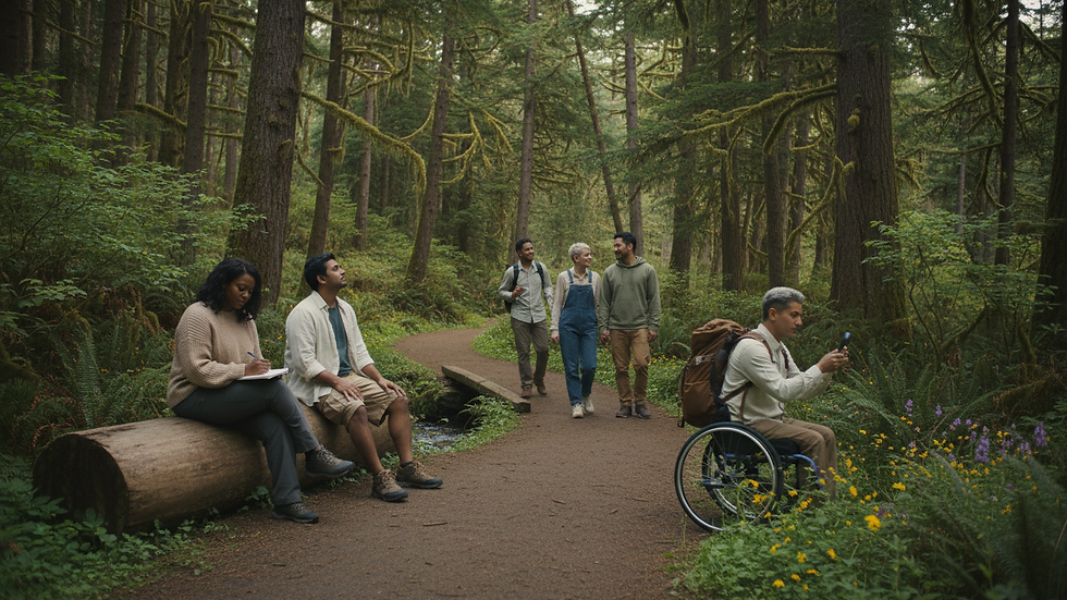 Wide angle view of a peaceful nature trail surrounded by green trees