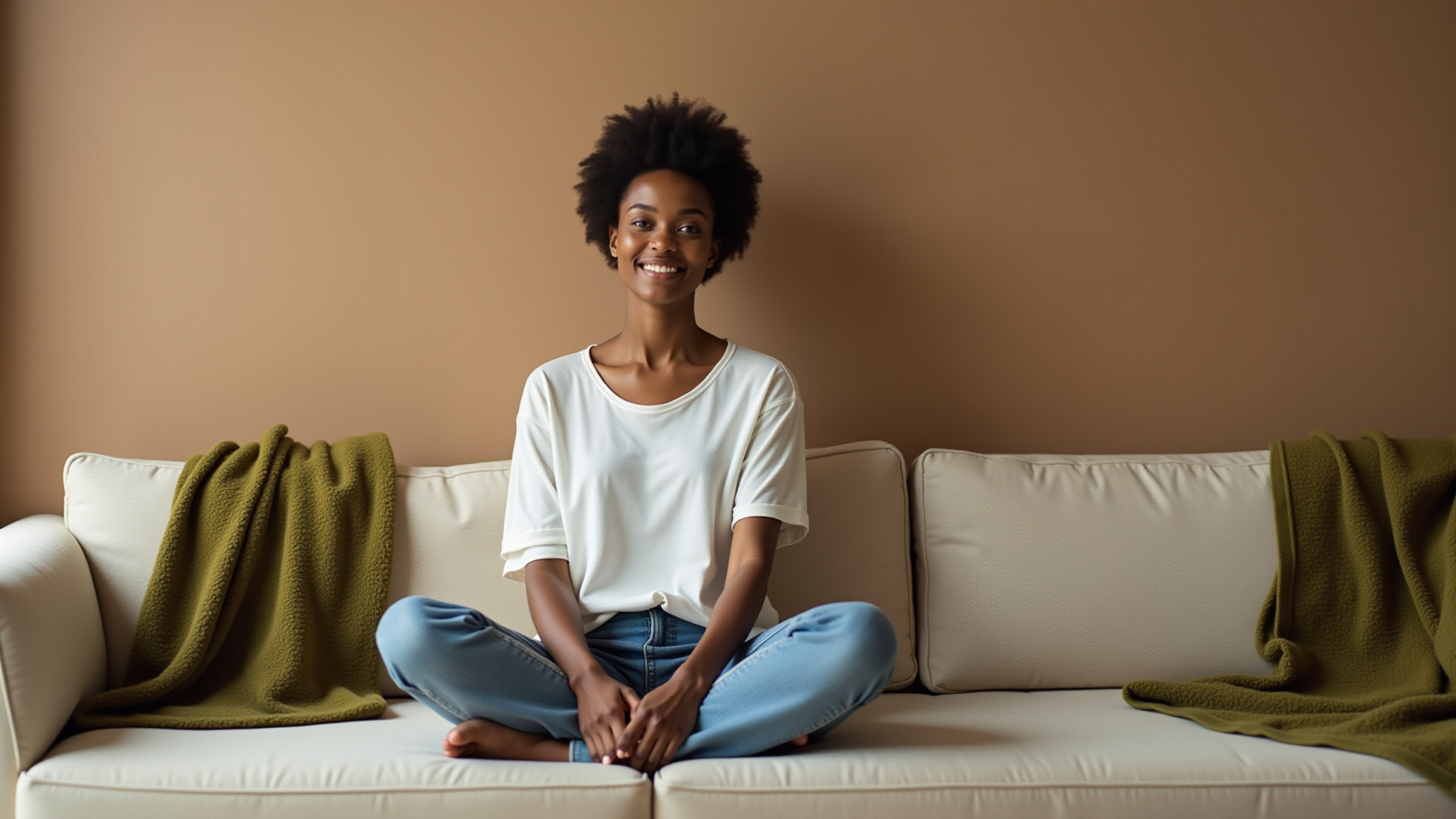 Smiling woman sitting cross-legged on a couch with a brown wall.