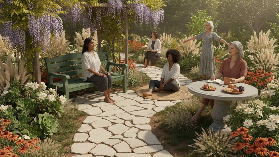 Eye-level view of a peaceful garden with a single bench