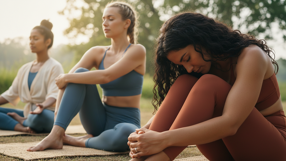 Close-up view of a woman practicing yoga outdoors in the morning
