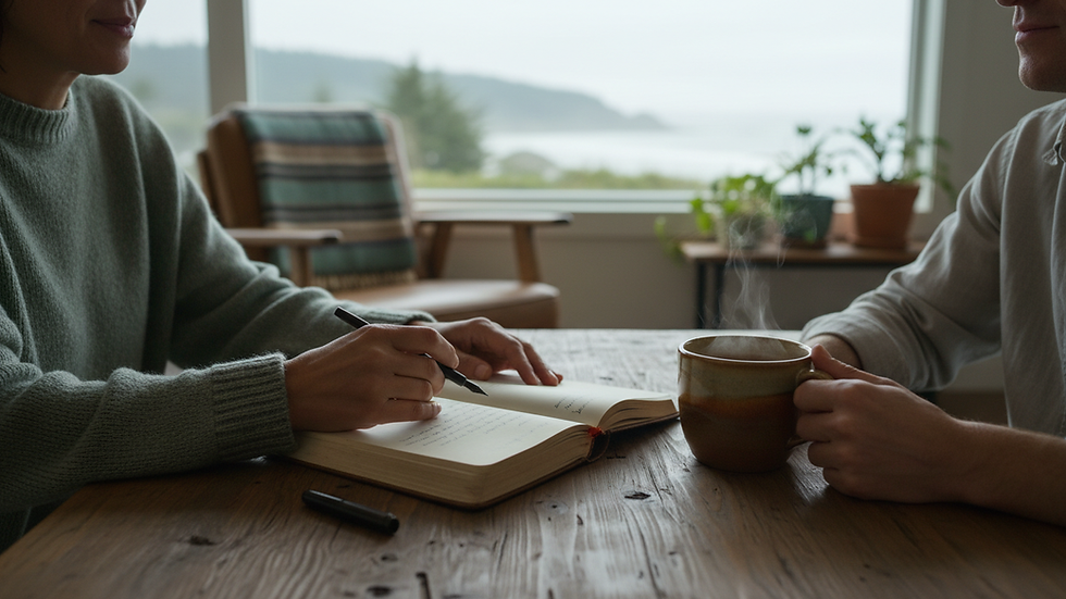 Close-up view of a journal, pen, and cup of tea on a wooden table