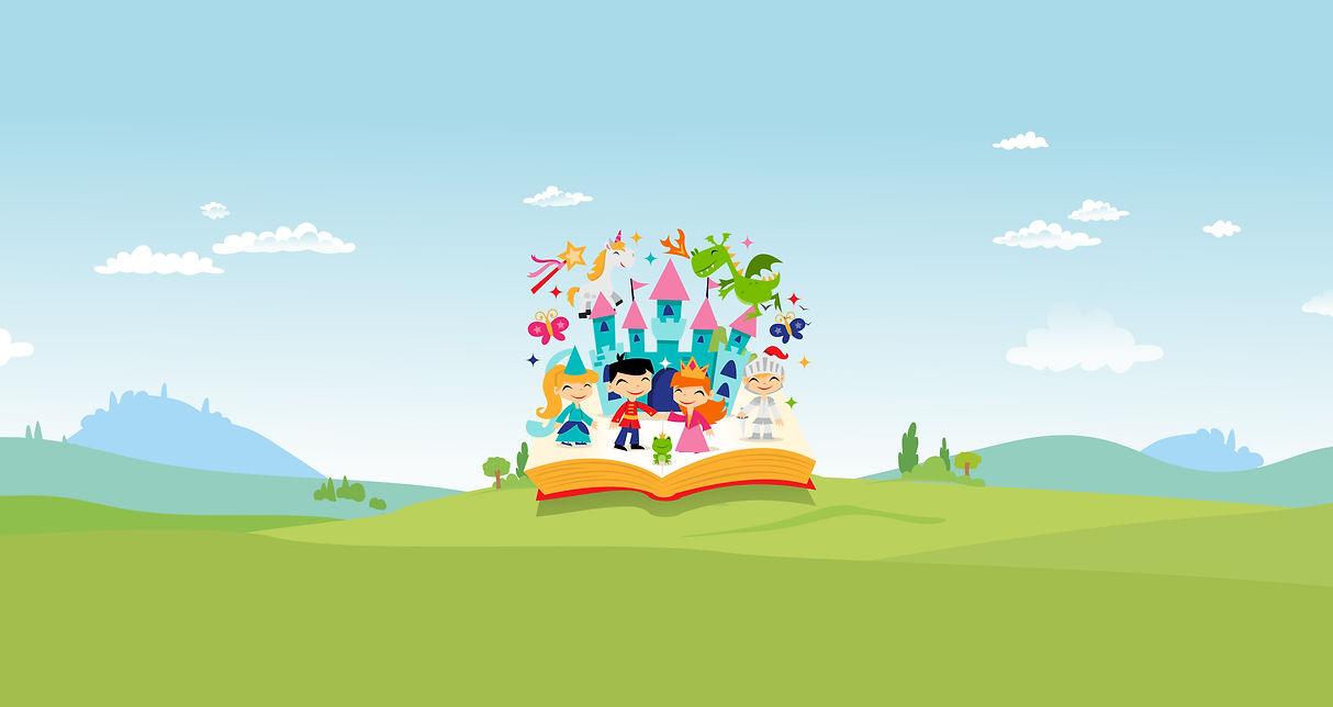Enfants heureux devant chateau liciorne et dragon