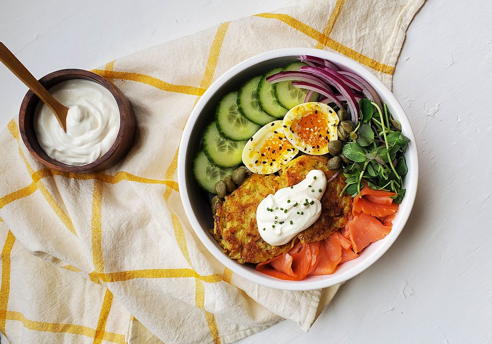 Fare Thee Well Smoked Salmon Brunch Bowl with Parsnip Latkes