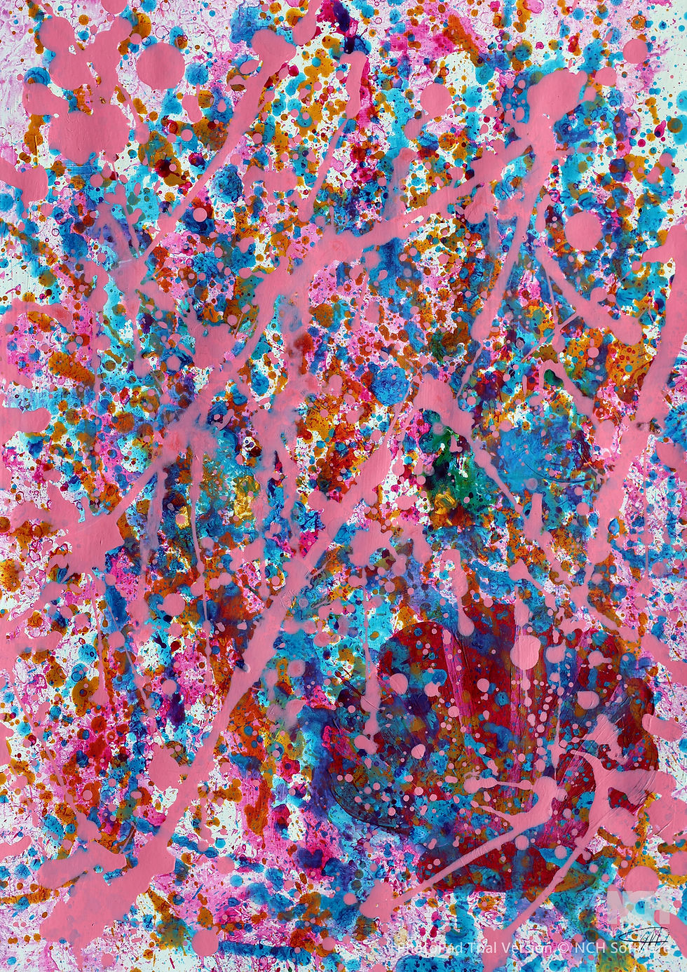 The Pink Shell, original abstract acrylic painting with an obscured shell hidden among vibrant pink, blue, and gold expressive mark making