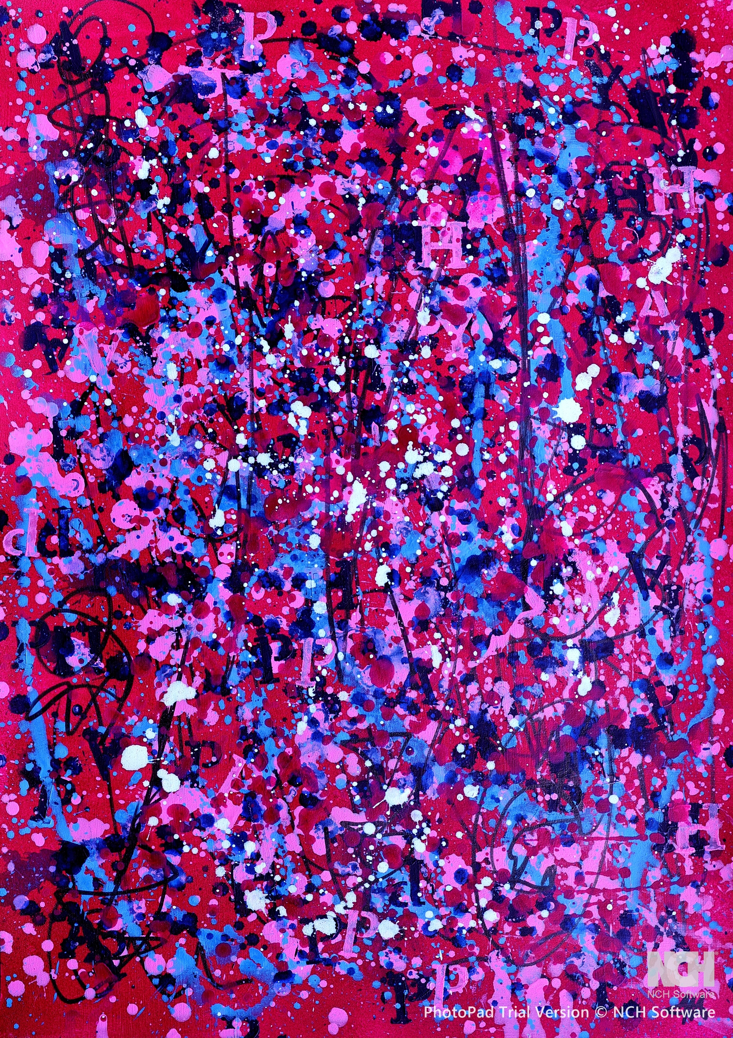 The Happy Feeling, an original abstract acrylic painting with vibrant red, blue, pink and white brushwork, including handwritten text within the painting.