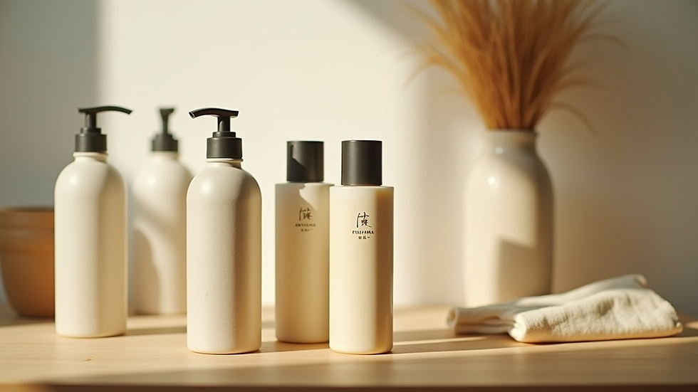 Close-up view of Japanese skincare bottles arranged neatly on a wooden surface