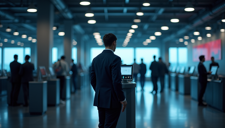 Eye-level view of a security guard monitoring an access control point at a tech event