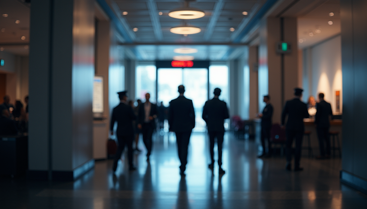 Eye-level view of event entrance with customized event badges and security staff