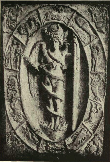 Mithraic Kronos, or personification of infinite time. Surrounded by the signs of the Zodiac. In the corners the gods of the Winds. Here represented without the head of a lion, which appears on the breast of the figure. A Roman beautification of the horrific features of the Oriental god. (Bas-relief of Modena, Rev. arc, 1902, I., p. 1.)