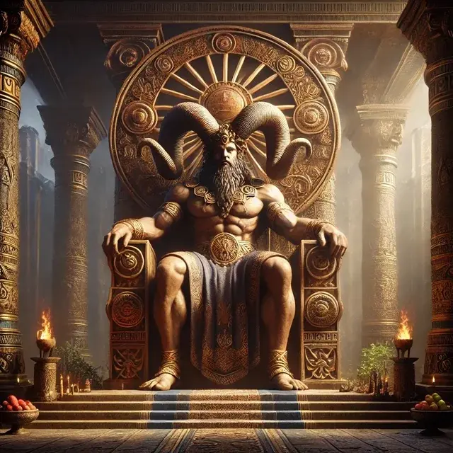 Baal Hammon — the Solar Ram, horned lord of fire and the pit, crowned in the light of the equinox sun.