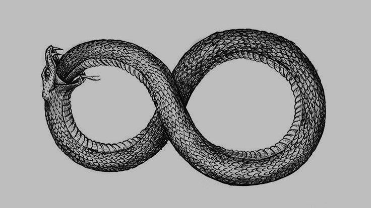 Ouroboros — the serpent devouring its own tail, symbol of eternity and the endless cycles of time. In myth, Saturn/Kronos — Father Time — likewise devours all he creates, binding souls in perpetual loops of birth, death, and rebirth.
