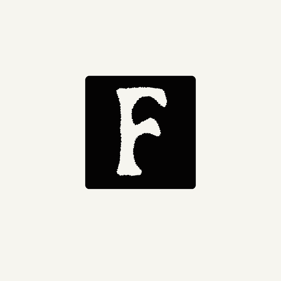 White stylized letter F on a black square background