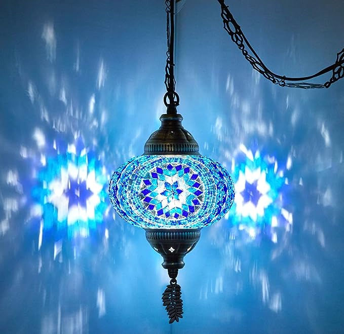 Thumbnail: Mosaic glass and beaded dangling lamp - single pendant