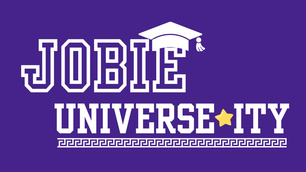 Purple academic-style logo for Jobie University featuring bold typography, a graduation cap, and a Greek key pattern.