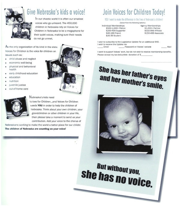 Black-and-white fundraising brochure for a child advocacy organization featuring photographs of children and bold headlines emphasizing the need for adults to be a voice for vulnerable youth.