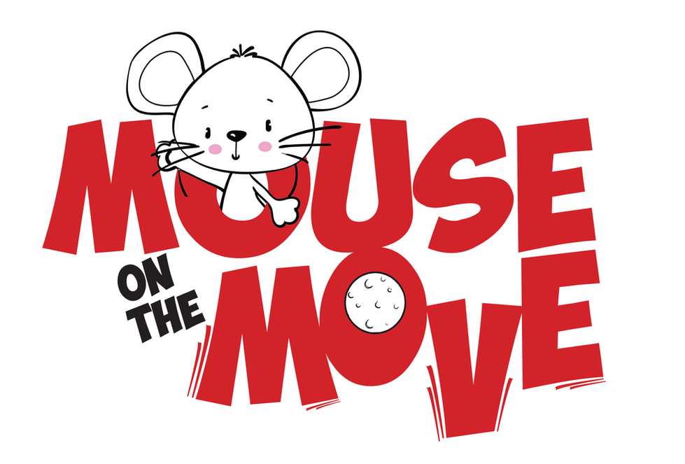 Playful show logo for Mouse on the Move featuring a cartoon mouse and bold red typography.