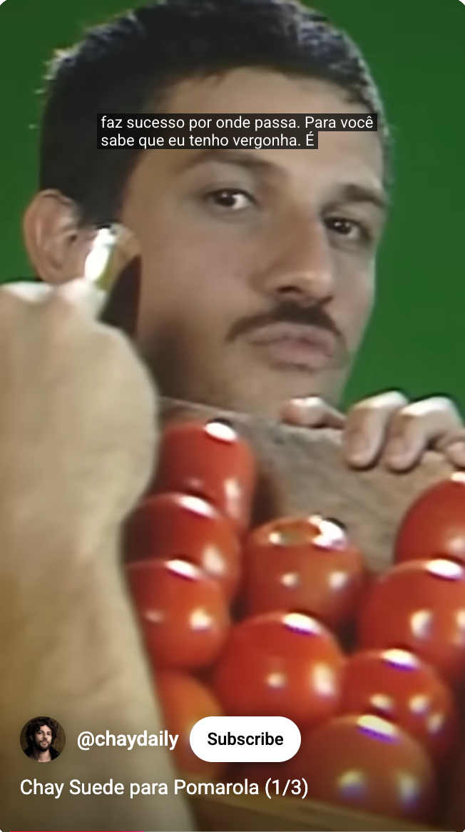 Chay Suede with a box of tomatoes in an advert for Pomarola Brasil.
