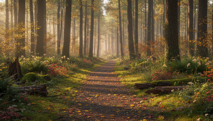 Eye-level view of a peaceful forest path with sunlight through the trees.
