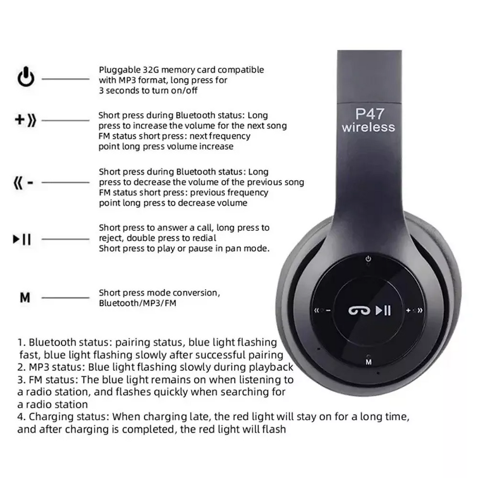 Thumbnail: Wireless Bluetooth 5.0 Headphones Headset Over-Ear FM Radio MIC Foldable TF Card