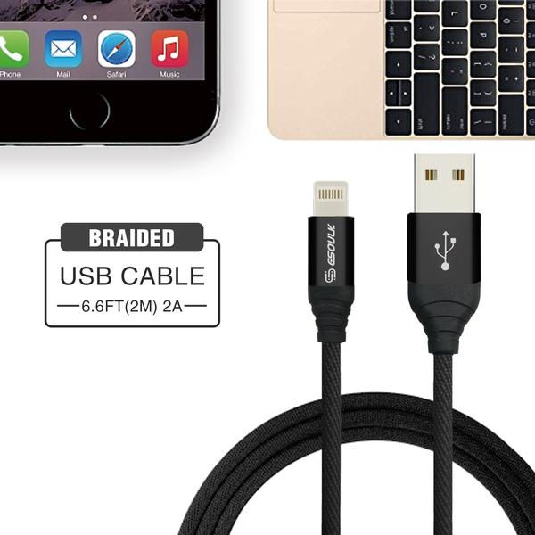 Thumbnail: Esoulk 2A Heavy Duty Braided USB Lightning Cable 2M (6.6f) Black
