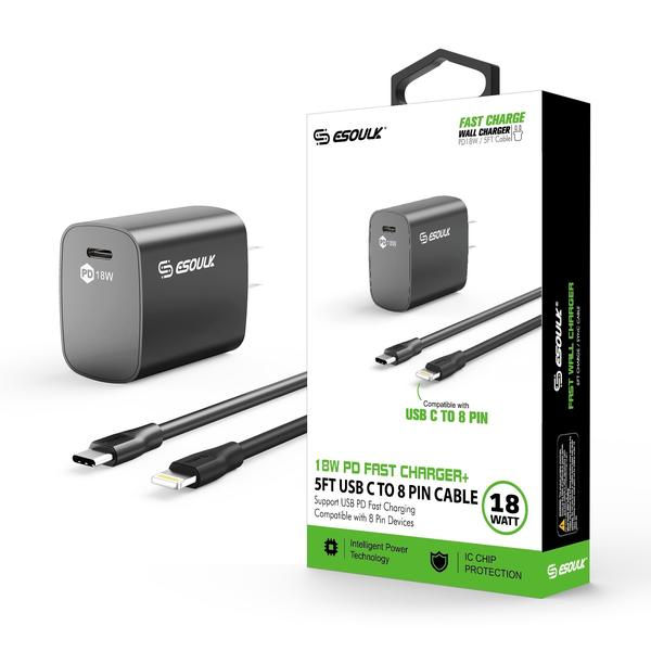 Esoulk Black 18W PD Fast Charger Wall & 5FT C To 8Pin Cable For iPhone 12/11