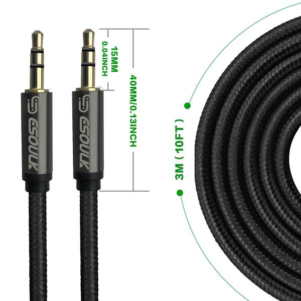 Thumbnail: Esoulk 3M [10ft] Nylon Fabric Tangle-Free Male To Male 3.5mm Auxiliary Cable Bla