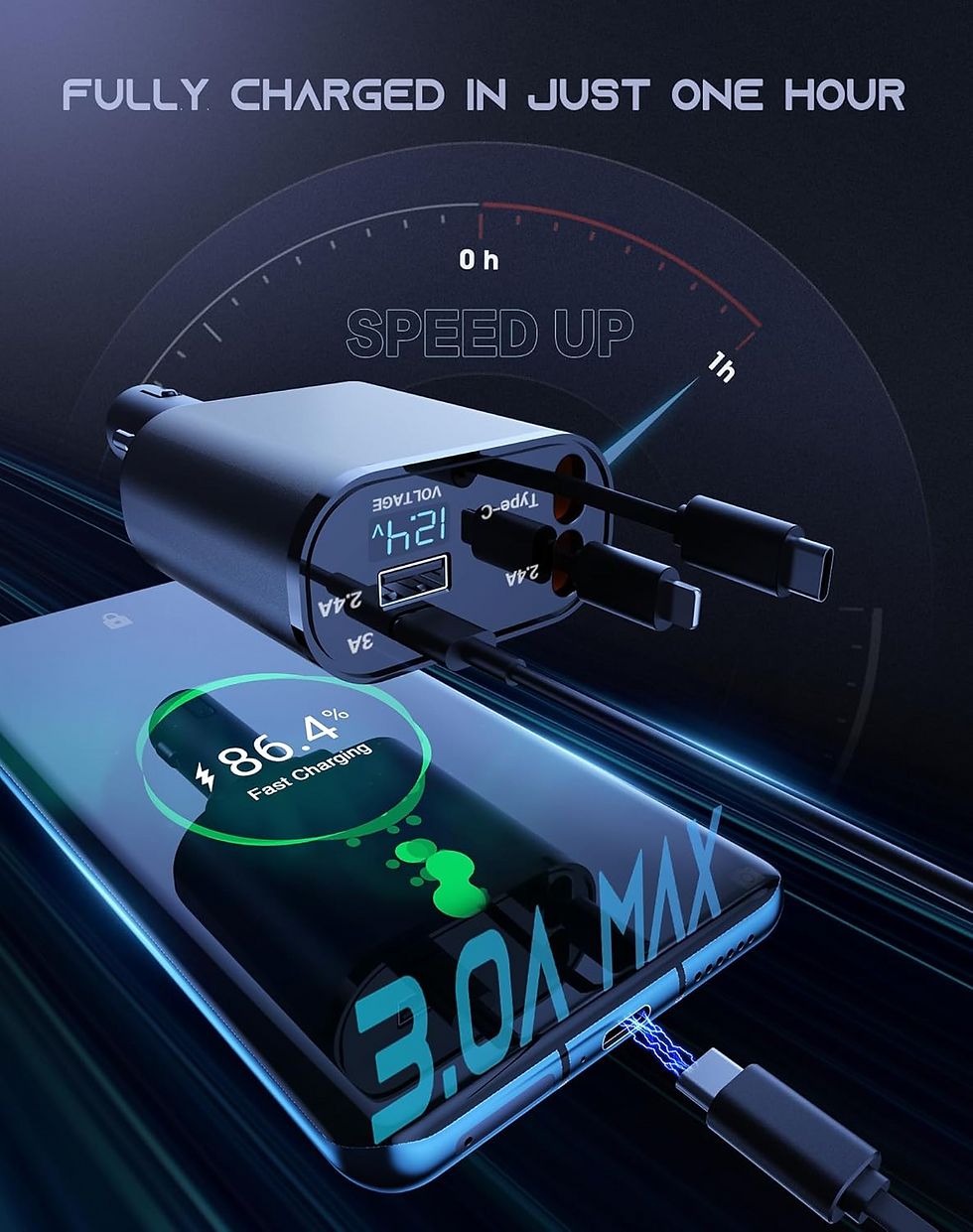 Thumbnail: Retractable Car Charger 4 in 1 Fast Car Phone Charger 120W With USB Type C Cable