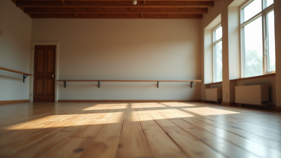 Eye-level view of a spacious dance studio with wooden floors