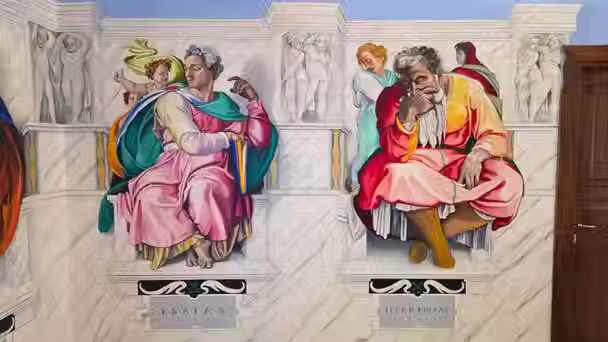 Michel Gardey, fresco; Michel Gardey, Behind the Scenes of the Fresco, Piccola Sistina, Porto Pozzo, San Tommaso, Sistine Chapel, Michelangelo, Last Judgment, monumental fresco, mural painting, Sardinia