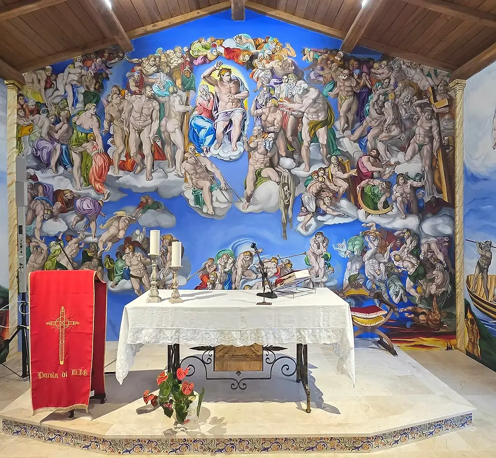 Michel Gardey, fresco; Michel Gardey, Behind the Scenes of the Fresco, Piccola Sistina, Porto Pozzo, San Tommaso, Sistine Chapel, Michelangelo, Last Judgment, monumental fresco, mural painting, Sardinia