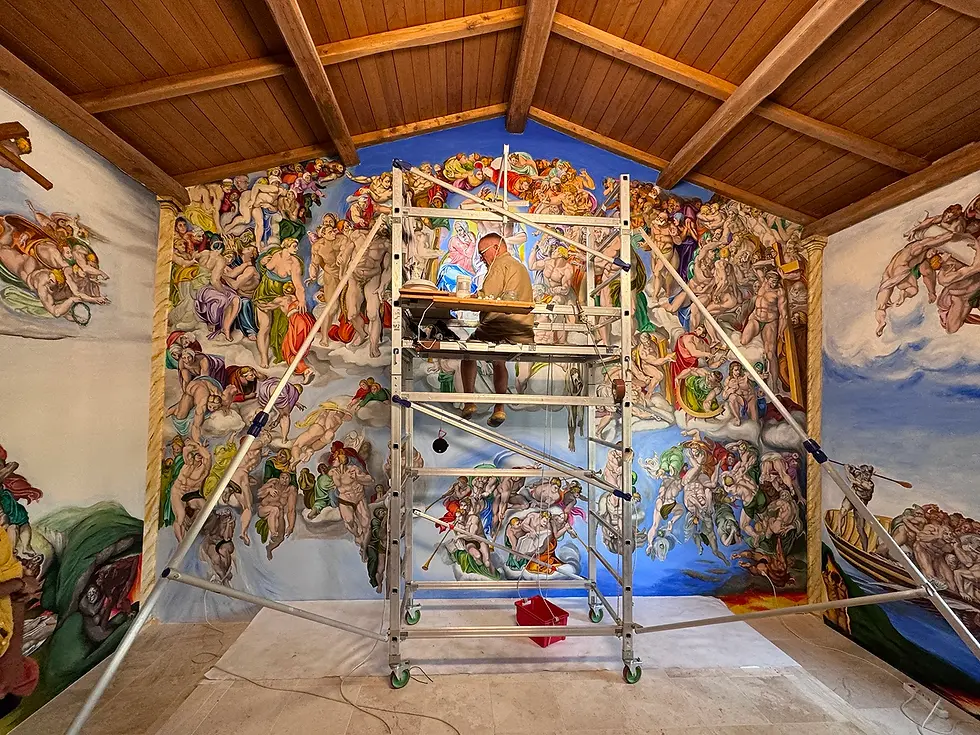 Michel Gardey, fresco; Michel Gardey, Behind the Scenes of the Fresco, Piccola Sistina, Porto Pozzo, San Tommaso, Sistine Chapel, Michelangelo, Last Judgment, monumental fresco, mural painting, Sardinia