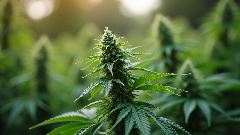 Eye-level view of a vibrant green cannabis plant in a natural setting