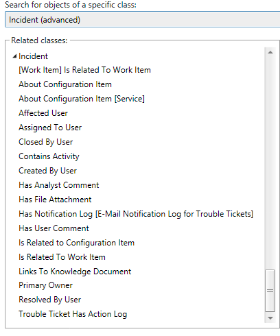 SCSM Advanced Incident Type Projections viewed via Combination Classes