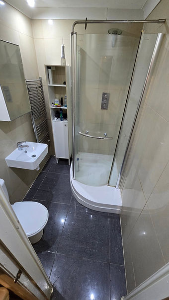 Compact bathroom featuring curved glass shower enclosure wall mounted basin