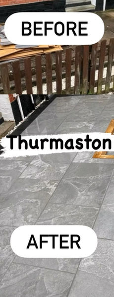 Before and after of a renovated patio area with grey stone slabs in Thurmaston