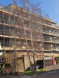 Large brick building wrapped in black and white protective construction sheeting with external scaffolding