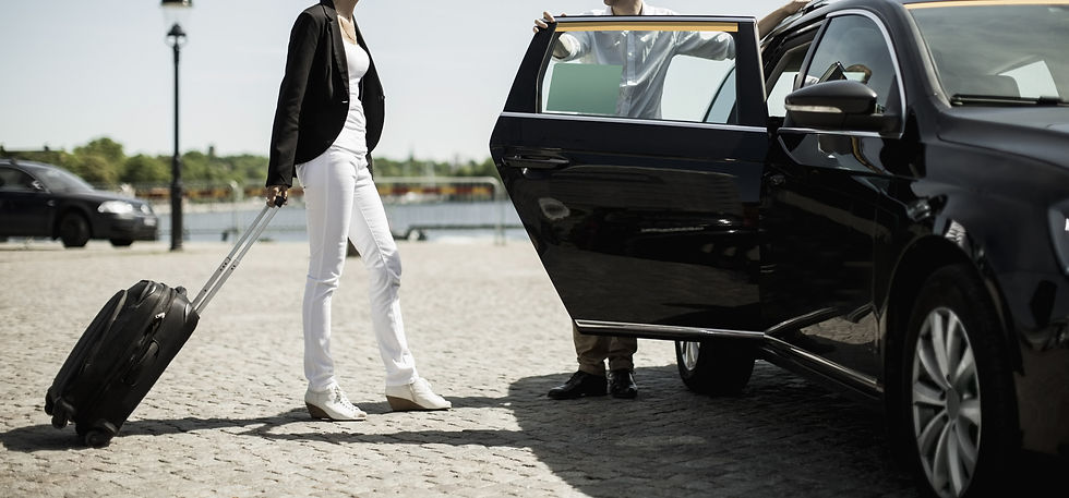 Businessman opening taxi's door for female colleague with luggage