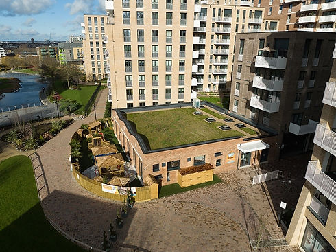 High angle view of nursery building with green roof