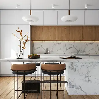 Minimalist kitchen featuring marble splashback and tan leather bar stools
