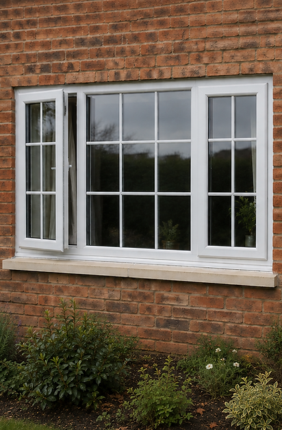 White Georgian style casement window with open pane fitted on brick house wall